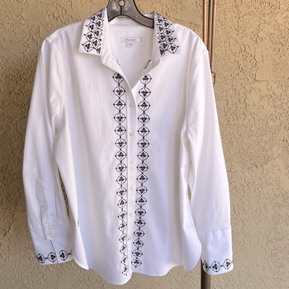 Chico's White Crisp Button Front Blouse with Black Embroidered Details Size 12
